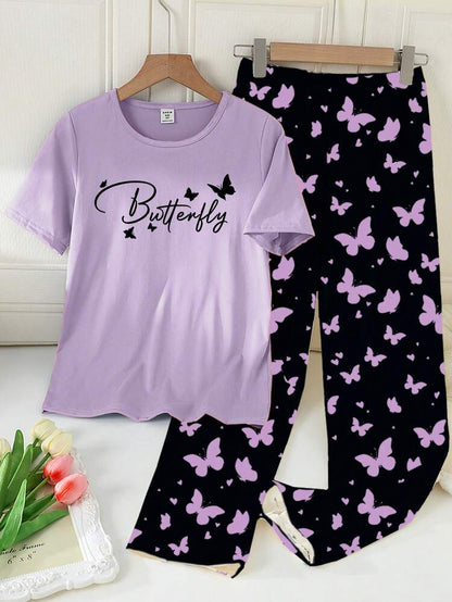 Purple Half Sleeve Butterfly Night Suit (7-16 Years)