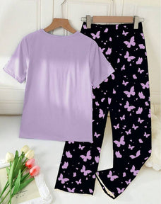 Purple Half Sleeve Butterfly Night Suit (7-14 Years)