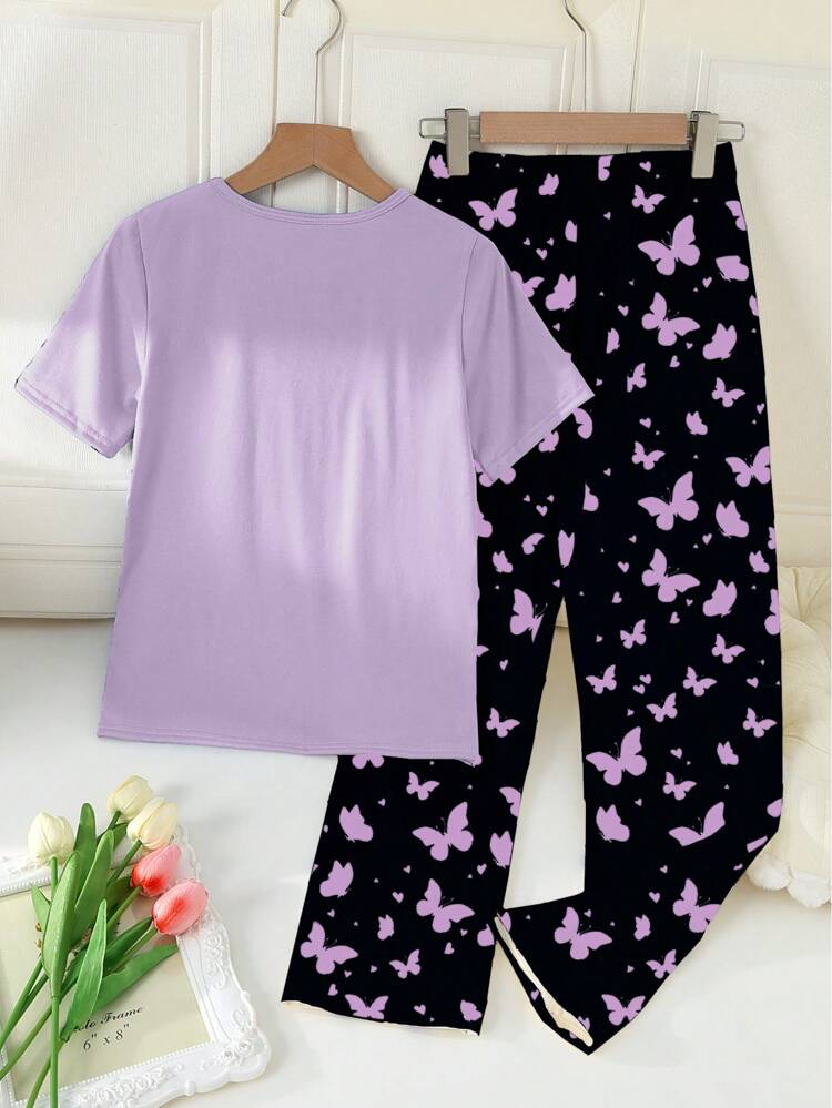 Purple Half Sleeve Butterfly Night Suit (7-16 Years)