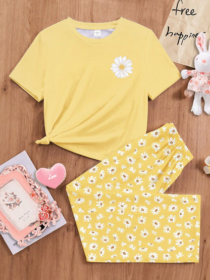 Sunflower Printed Half Sleeve Night Suit (7-16 Years)