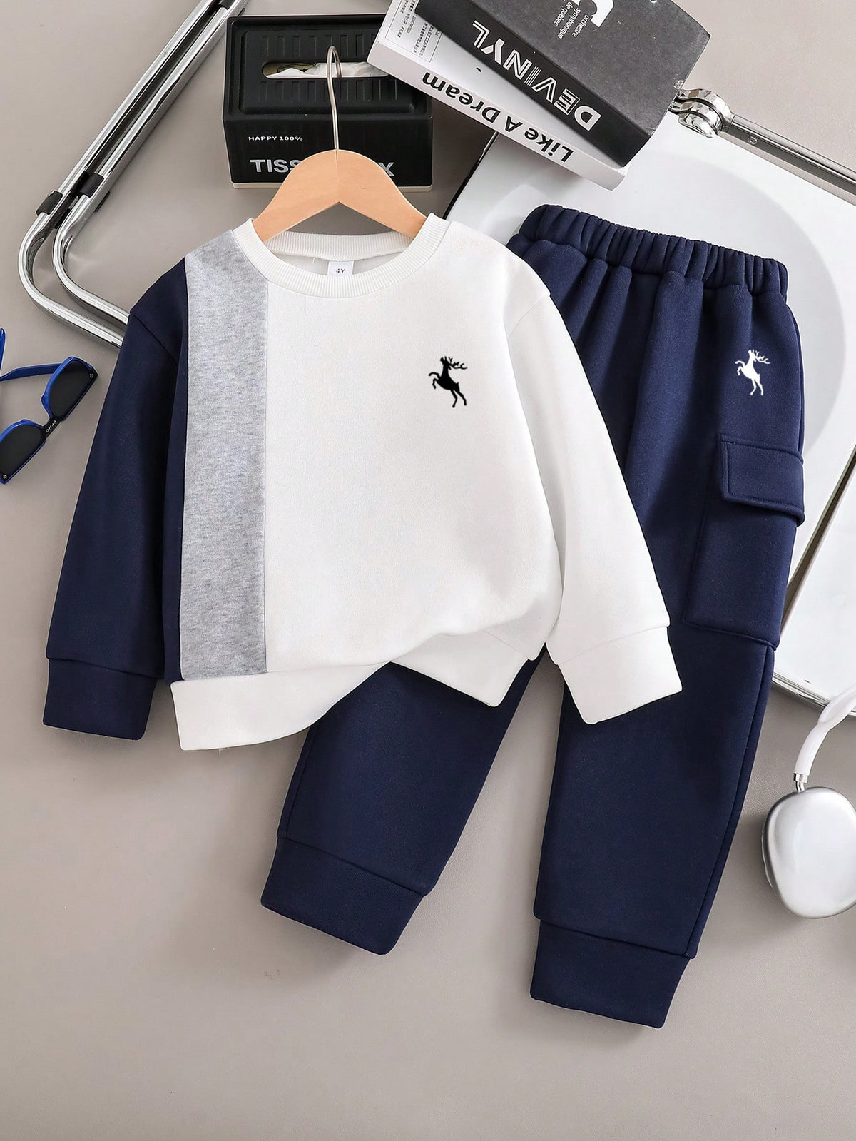 Navy Colorblock Crewneck Printed Kids Winter Suit