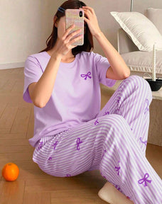 Purple Ribbon Printed Half Sleeve Night Suit (7-16 Years)