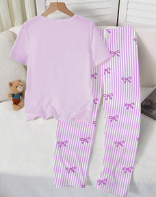 Purple Ribbon Printed Half Sleeve Night Suit (7-16 Years)