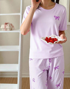 Purple Ribbon Printed Half Sleeve Night Suit (7-16 Years)