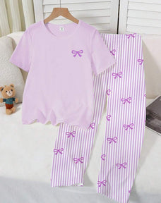 Purple Ribbon Printed Half Sleeve Night Suit (7-16 Years)