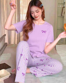 Purple Ribbon Printed Half Sleeve Night Suit (7-16 Years)