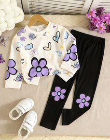 Purple Flowers & Heart Printed Kids Winter Suit