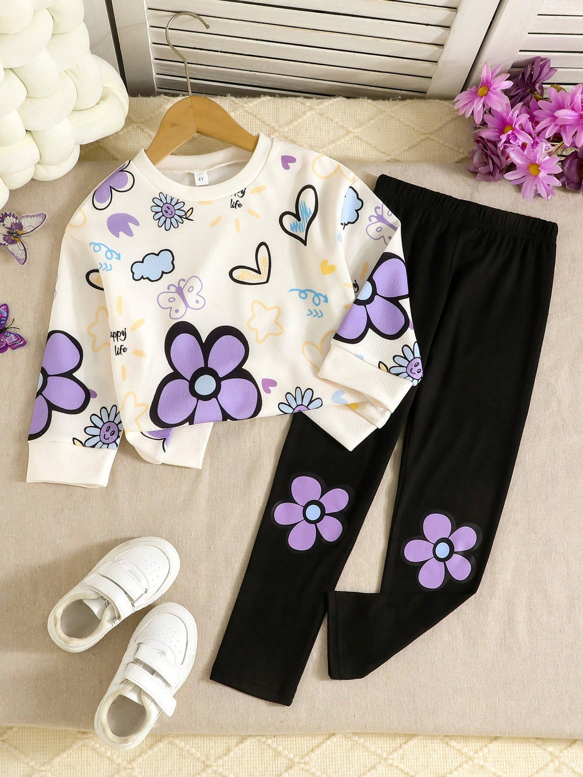Purple Flowers &amp; Heart Printed Kids Winter Suit