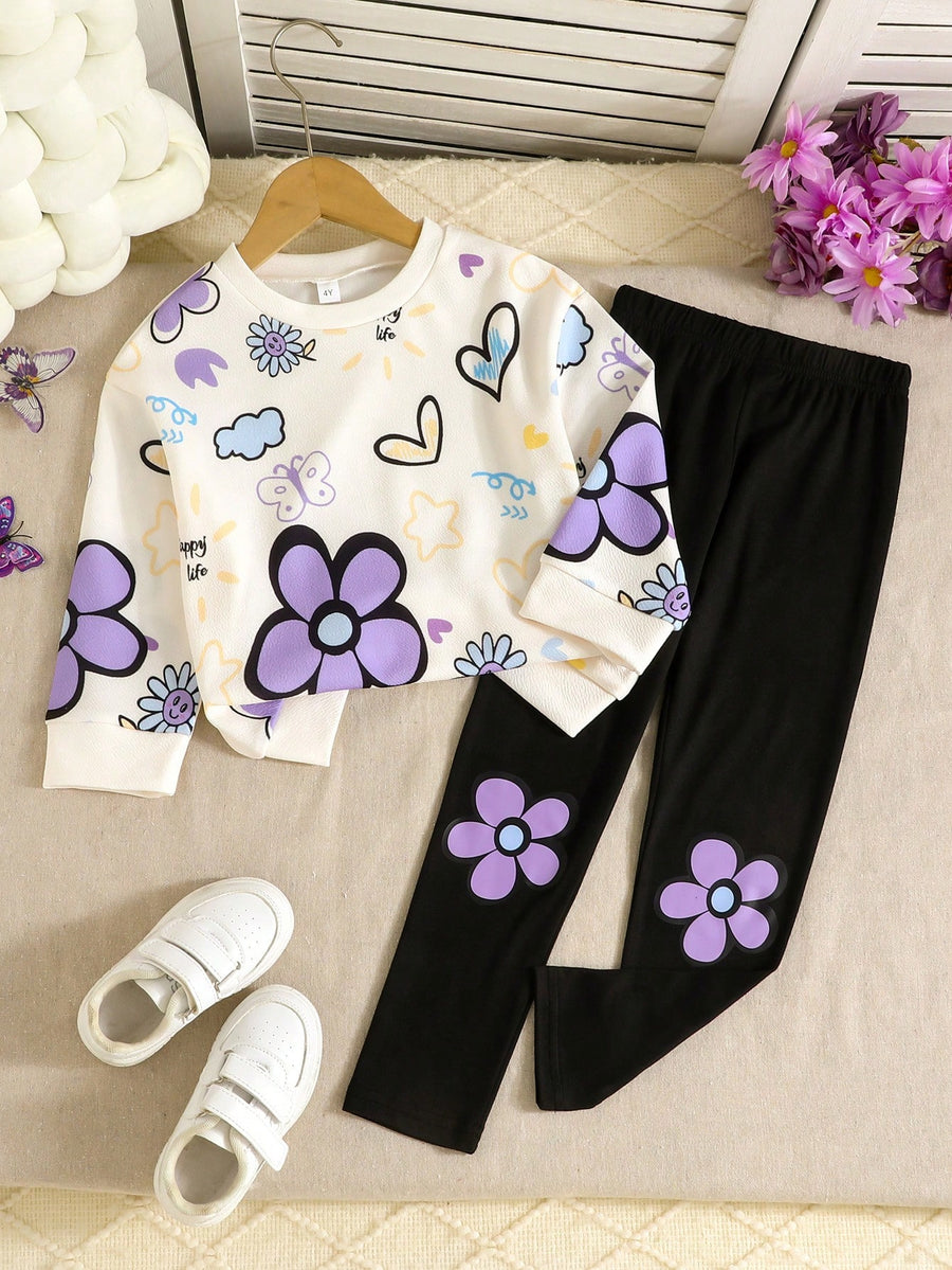 Purple Flowers & Heart Printed Kids Winter Suit
