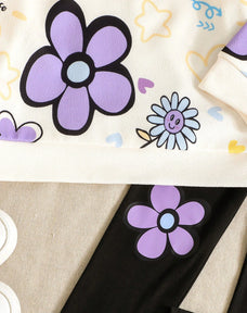 Purple Flowers & Heart Printed Kids Winter Suit
