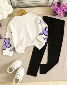 Purple Flowers & Heart Printed Kids Winter Suit