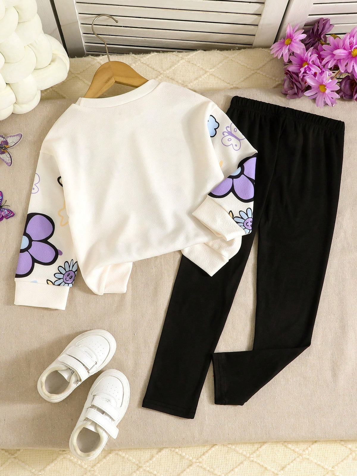 Purple Flowers &amp; Heart Printed Kids Winter Suit