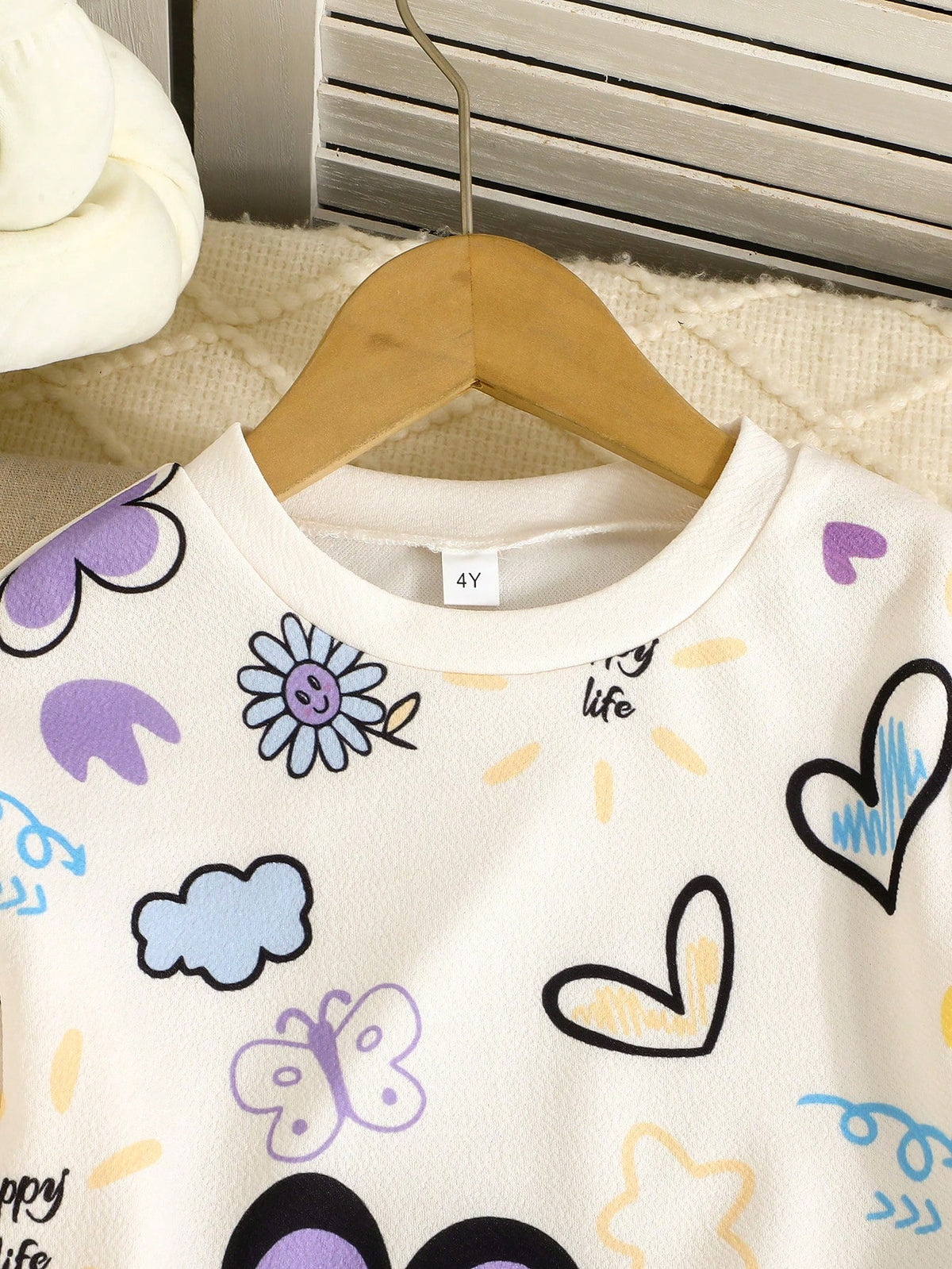 Purple Flowers &amp; Heart Printed Kids Winter Suit