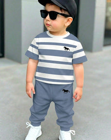 Grey Panel Horse Printed Half Sleeve Kids Suit