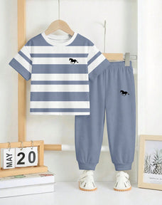Grey Panel Horse Printed Half Sleeve Kids Suit