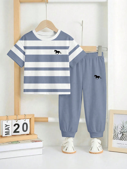 Grey Panel Horse Printed Half Sleeve Kids Suit