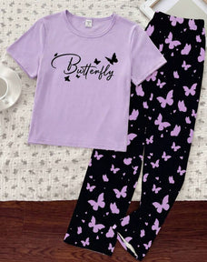 Purple Half Sleeve Butterfly Night Suit (7-14 Years)