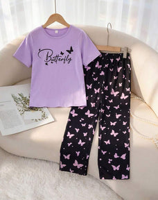 Purple Half Sleeve Butterfly Night Suit (7-14 Years)