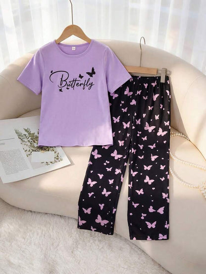 Purple Half Sleeve Butterfly Night Suit (7-16 Years)