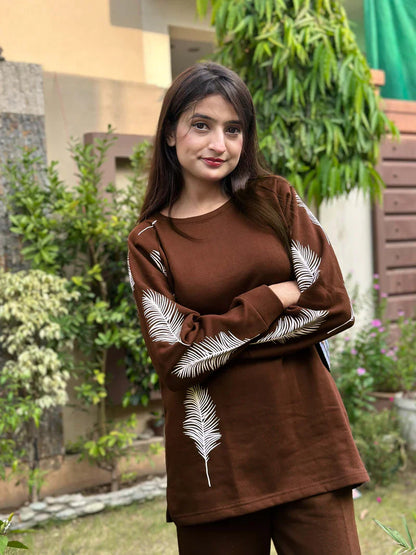 Winter Feather Printed Long Sleeves 2 PC Co-Ord Set
