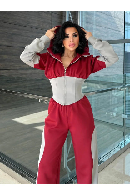 Winter Maroon Colorblock Hooded 2 PC Co-Ord Set