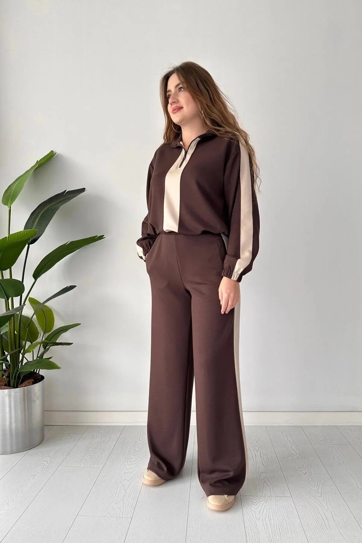 Winter Brown Zipper Panel 2 PC Co-Ord Set