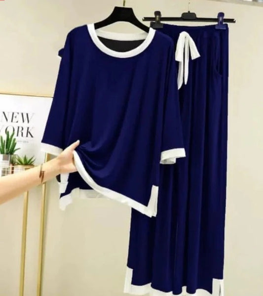 Navy Blue Palazo Style Printed Night Suit