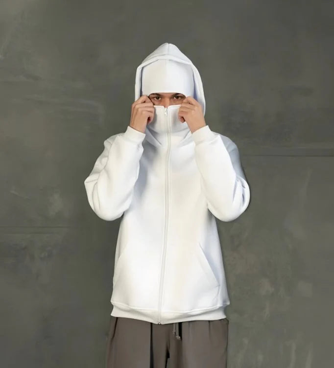 White Balaclava Ninja Zipper Hoodie Jacket For Men