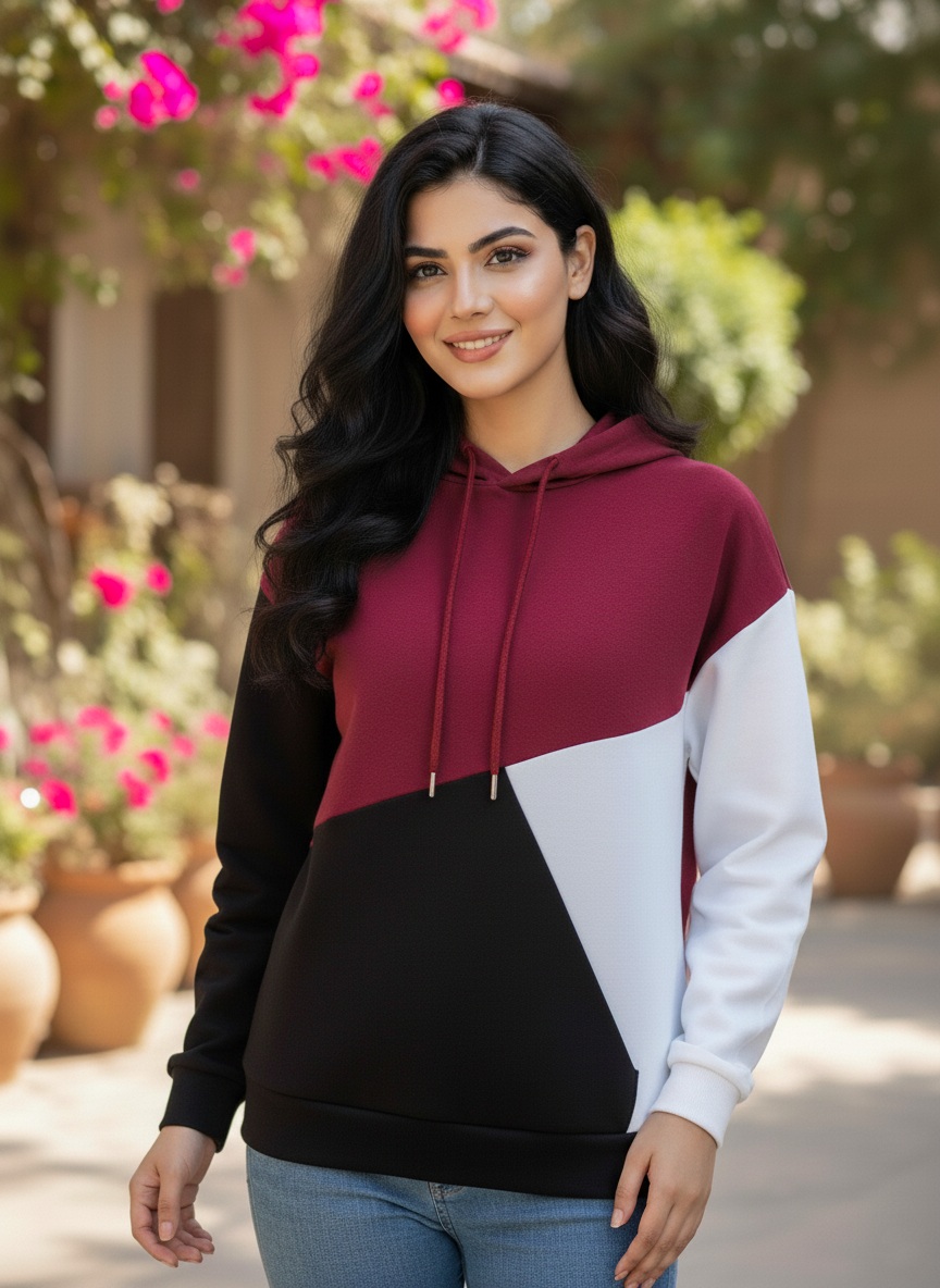 Winter Maroon Black Hoodie For Women