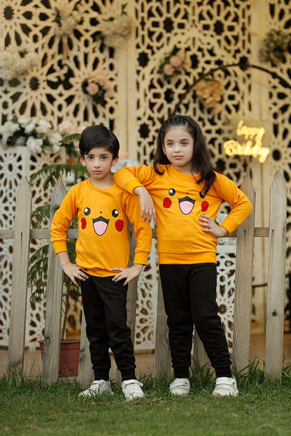 Yellow Pikachu Printed Kids Winter Suit