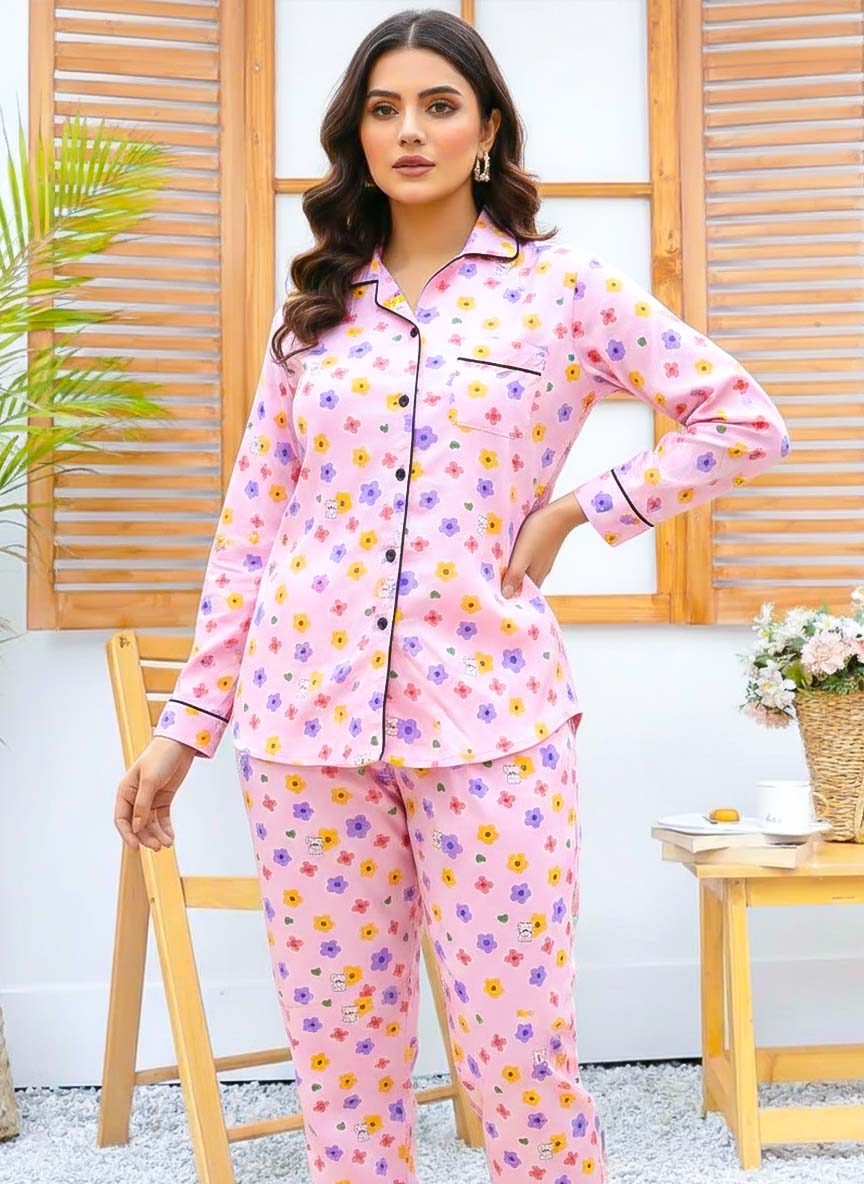 Imported Linen Printed Pink Multi Flower PJ Set-LP27