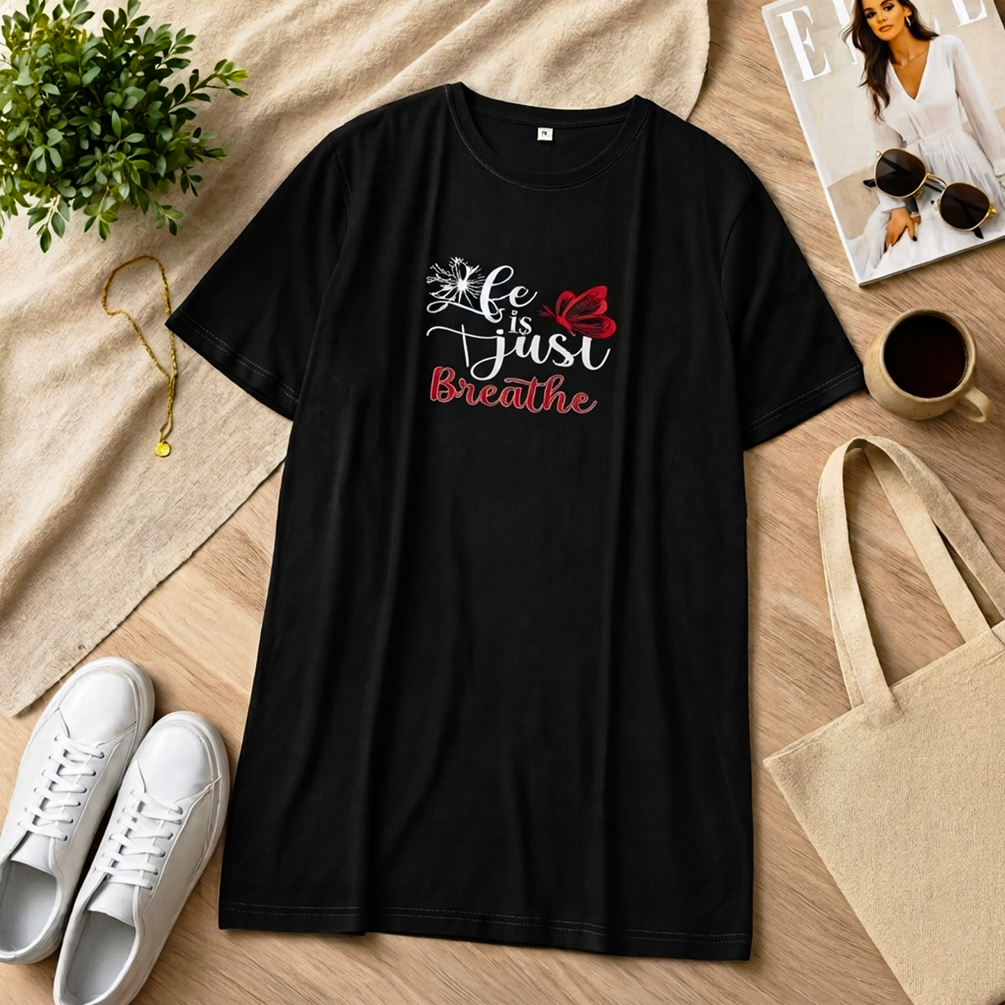Just Breath Printed Black Long T Shirt