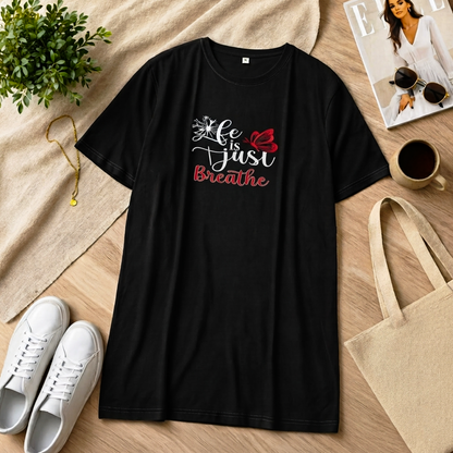 Just Breath Printed Black Long T Shirt