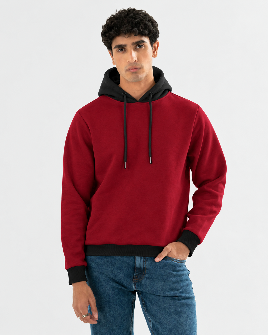 Winter Maroon With Black Basic Hoodie For Women