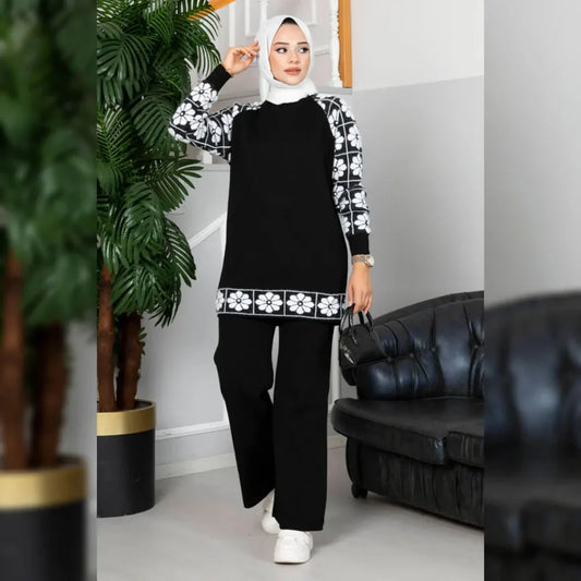 Winter Black Sunflower Printed Long Sleeves 2 PC Co-Ord Set