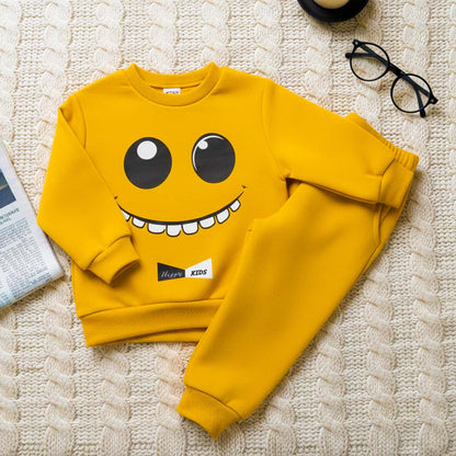 Yellow Smiley Printed Kids Winter Suit