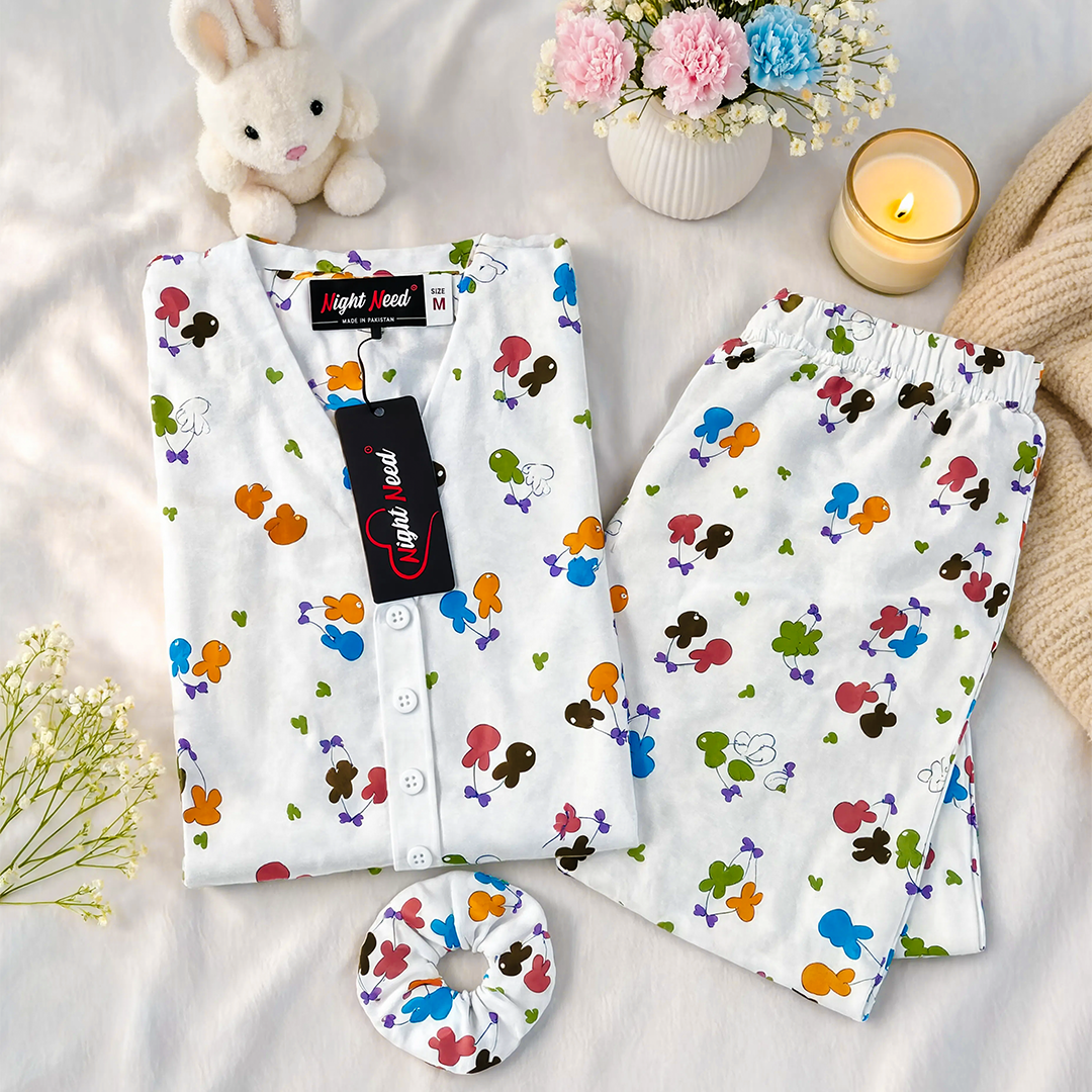 Rabbit &amp; Cherry Printed Crinkled Cotton Night Suit
