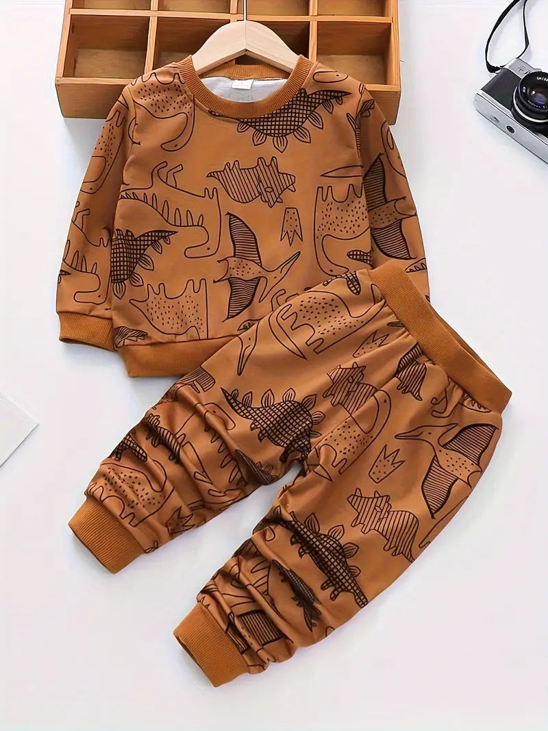 Fleece Fabric Brown Dinosaur Printed Kids Winter Suit ( Each )