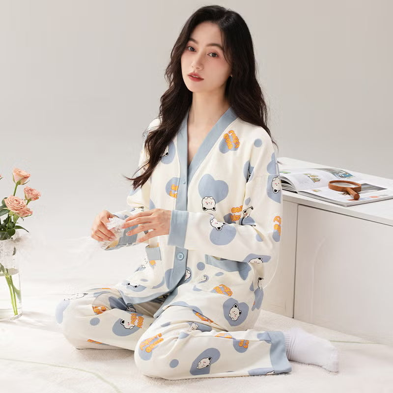 Grey Cute Cartoon V-Neck Button Printed Night Suit