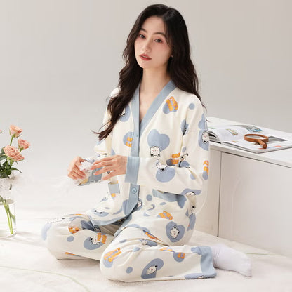 Grey Cute Cartoon V-Neck Button Printed Night Suit