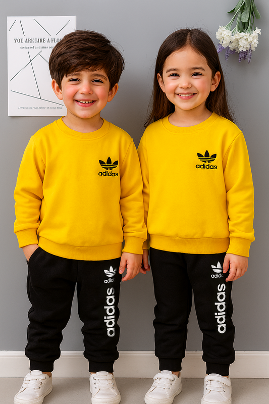 Fleece Fabric Yellow Adidas Printed Kids Winter Suit ( Each )