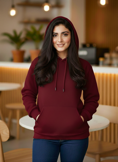 Winter Maroon Basic Hoodie For Women