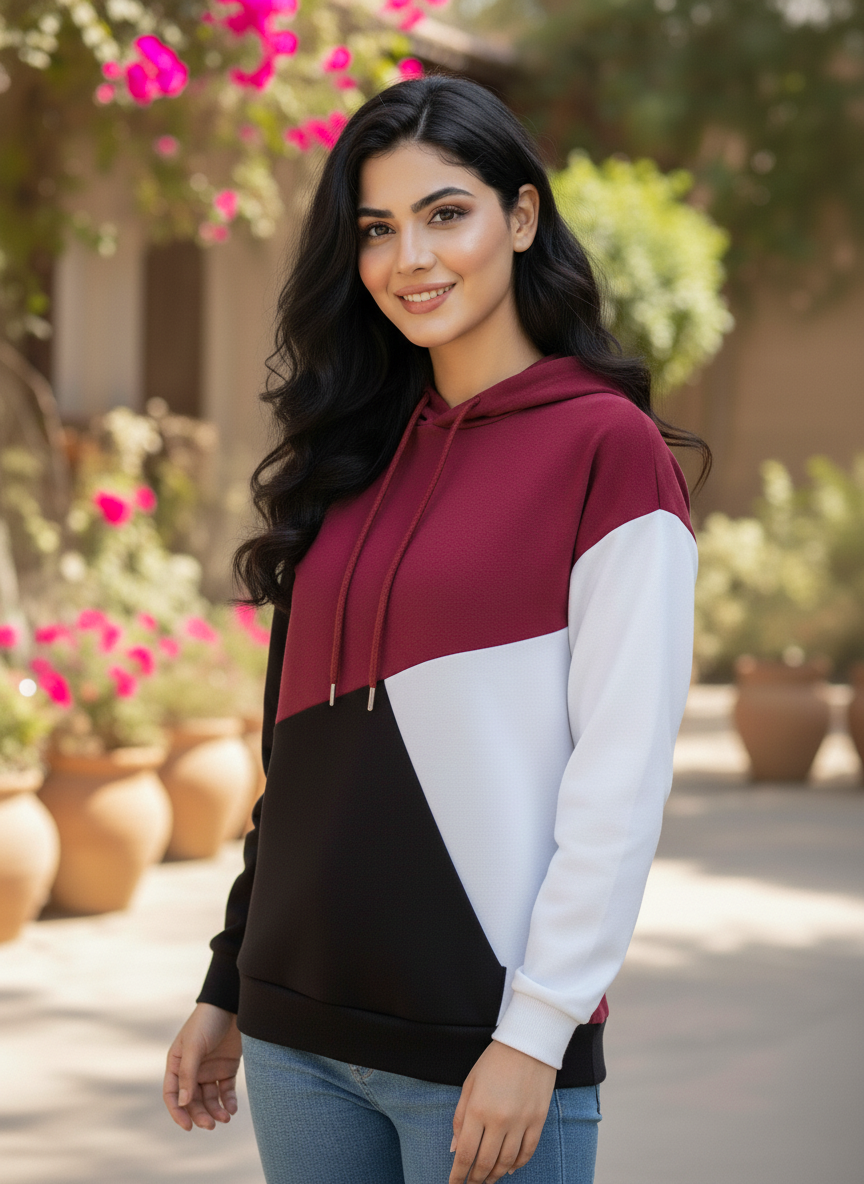 Winter Maroon Black Hoodie For Women
