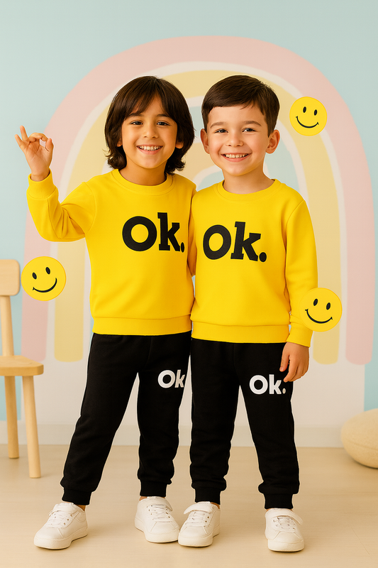 Fleece Fabric Yellow OK Printed Kids Winter Suit ( Each )