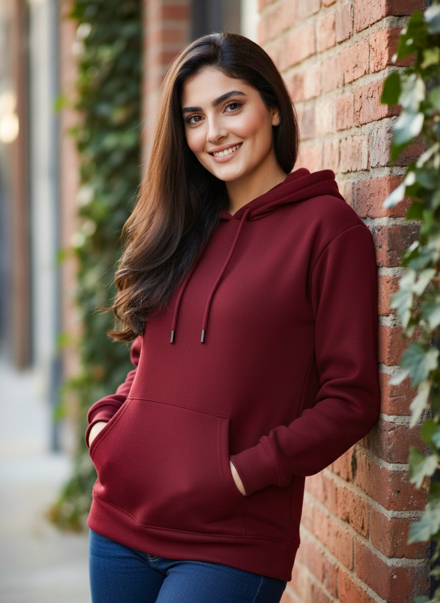 Winter Maroon Basic Hoodie For Women