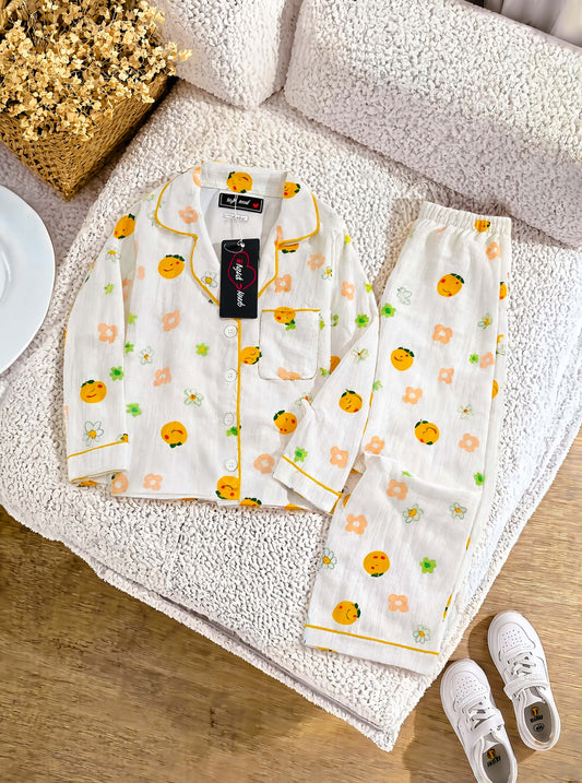 Kids Orange Fruit Printed Crinkled Cotton Night Suit