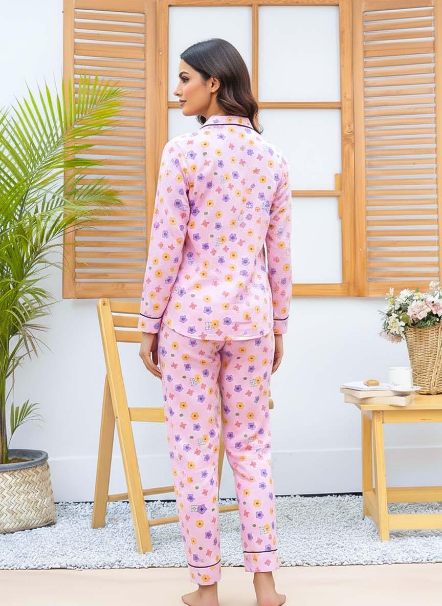 Imported Linen Printed Pink Multi Flower PJ Set-LP27