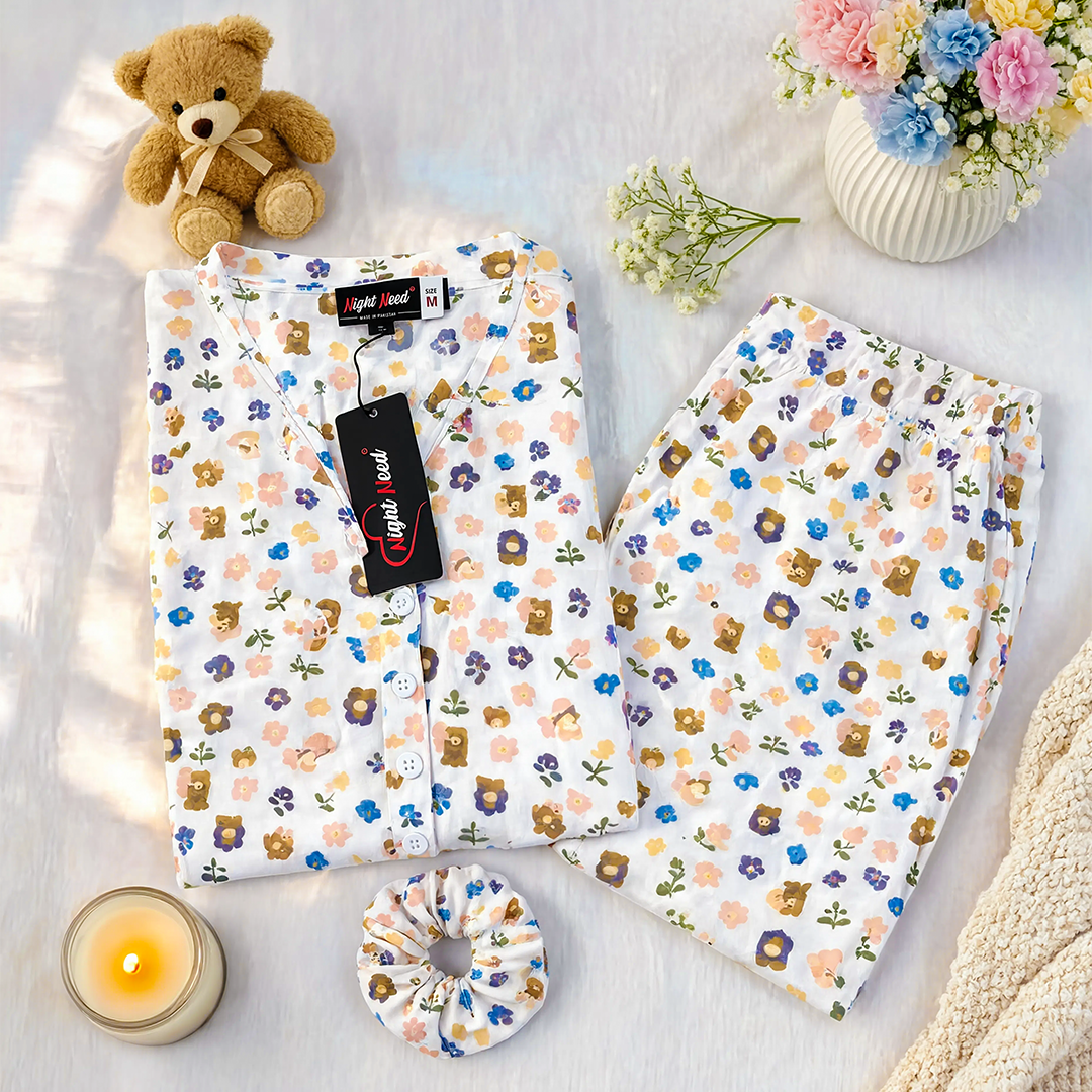 Floral &amp; Bear Printed Crinkled Cotton Night Suit