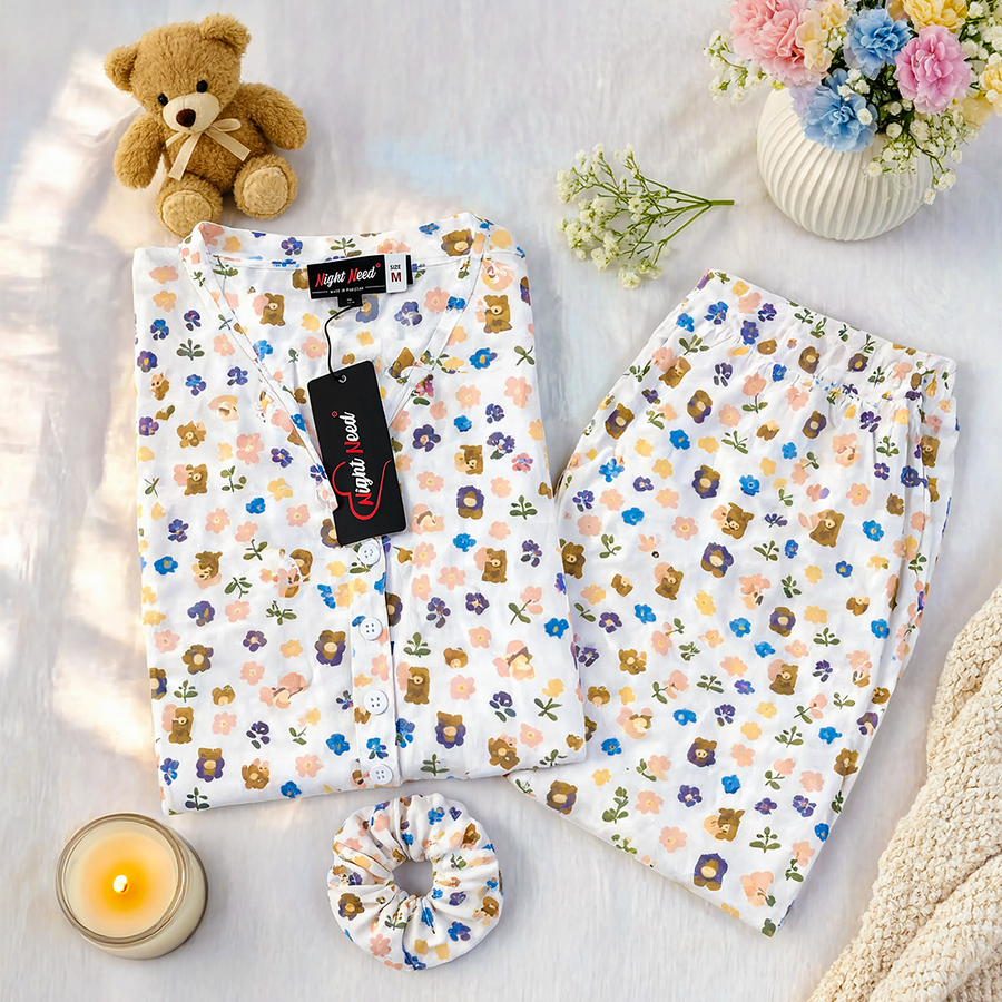 Floral & Bear Printed Crinkled Cotton Night Suit