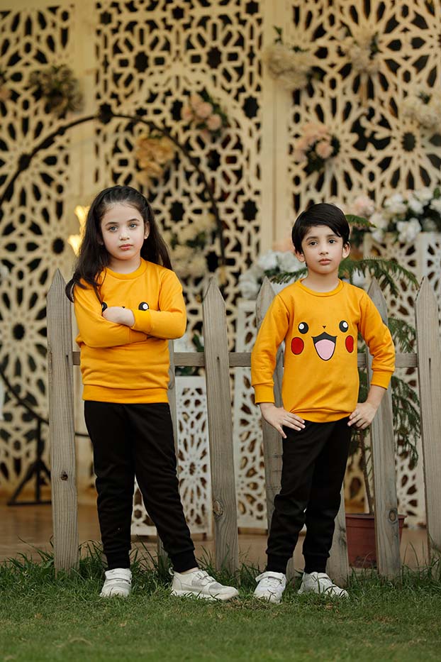 Yellow Pikachu Printed Kids Winter Suit